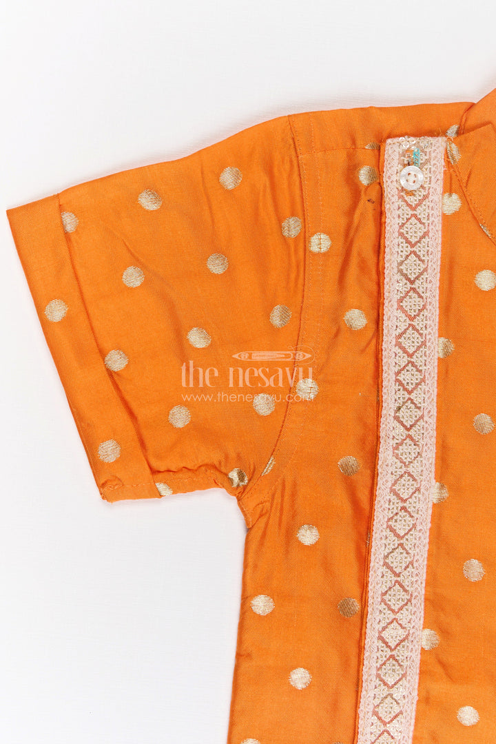 Boys Banaras Silk Dress with Shirt in Vibrant Orange Featuring Gold Polka Design and Zari Border