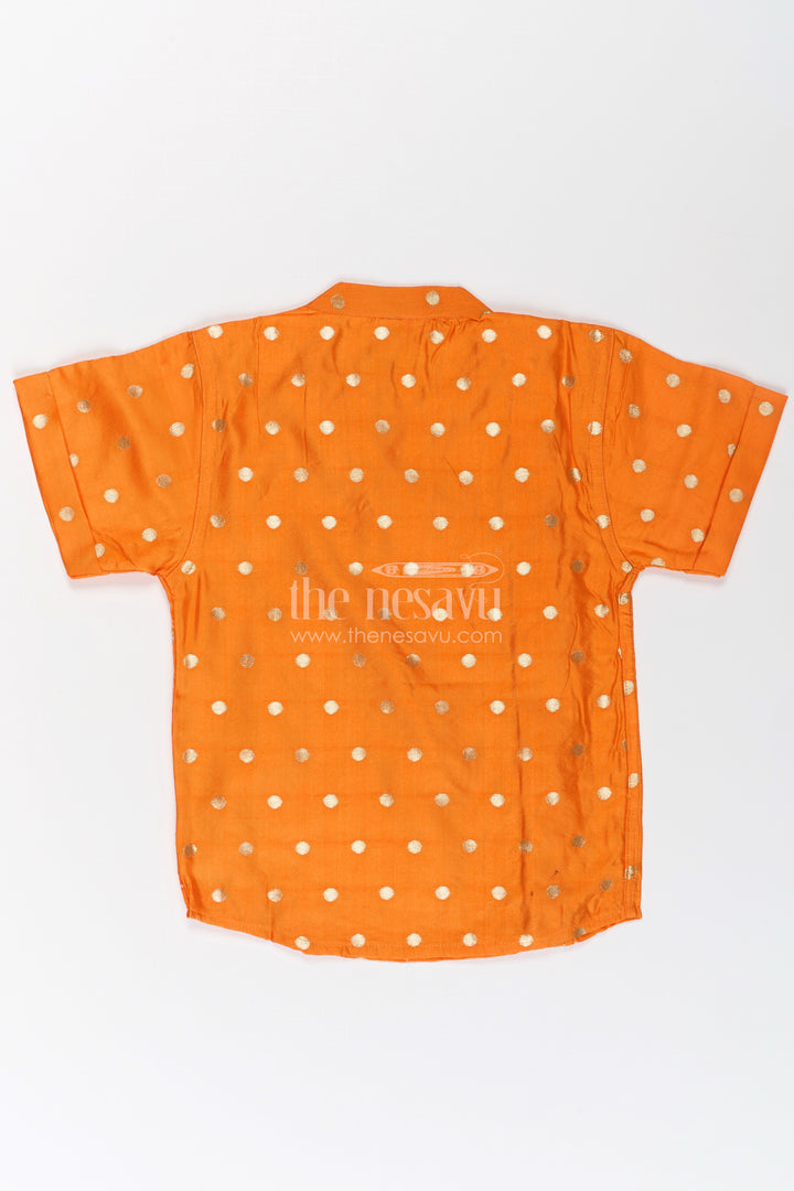 Boys Banaras Silk Dress with Shirt in Vibrant Orange Featuring Gold Polka Design and Zari Border