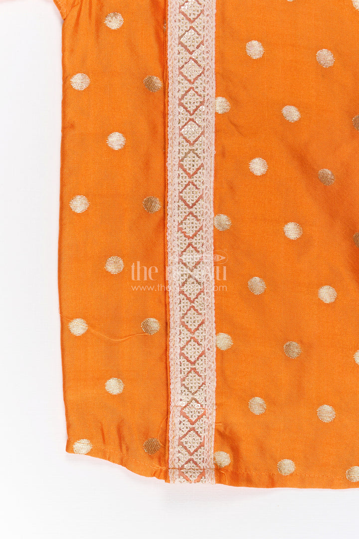 Boys Banaras Silk Dress with Shirt in Vibrant Orange Featuring Gold Polka Design and Zari Border