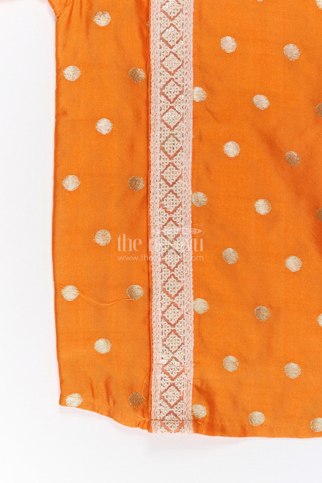 Boys Banaras Silk Dress with Shirt in Vibrant Orange Featuring Gold Polka Design and Zari Border