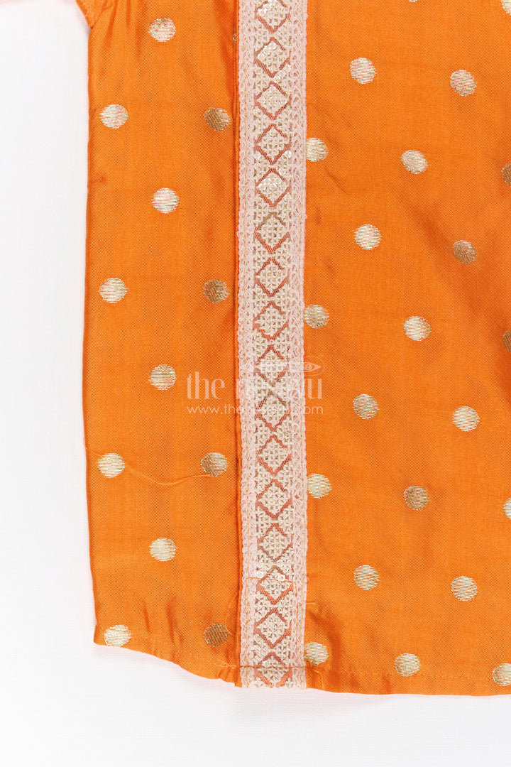 Boys Banaras Silk Dress with Shirt in Vibrant Orange Featuring Gold Polka Design and Zari Border