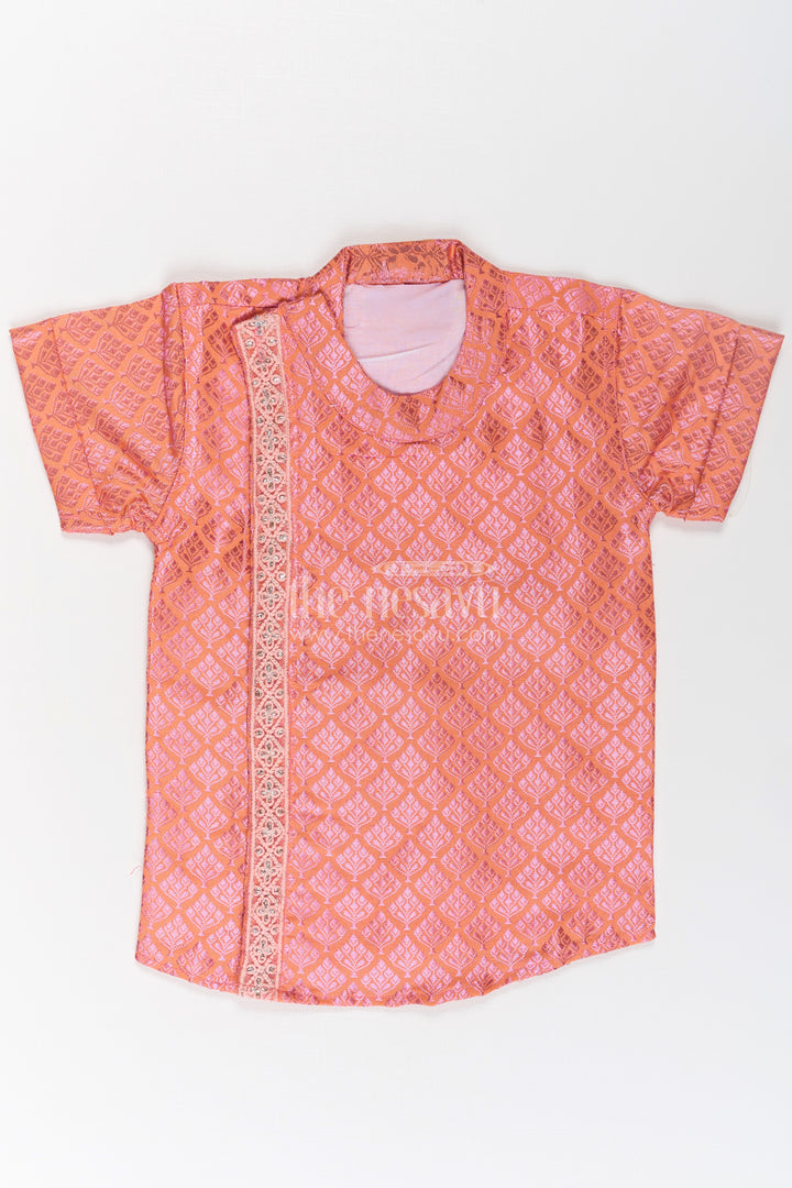 Boys Semi Banaras Silk Shirt Pink with Traditional Motif Weave and Ornamental Front Detailing