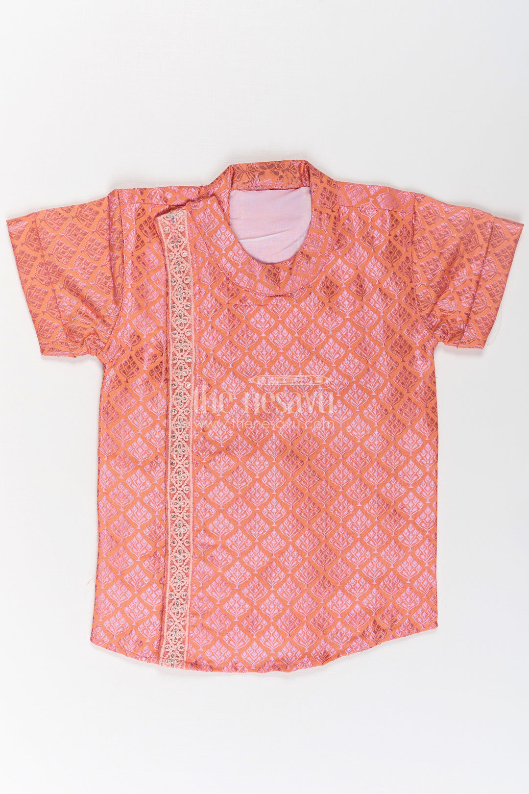 Boys Semi Banaras Silk Shirt Pink with Traditional Motif Weave and Ornamental Front Detailing