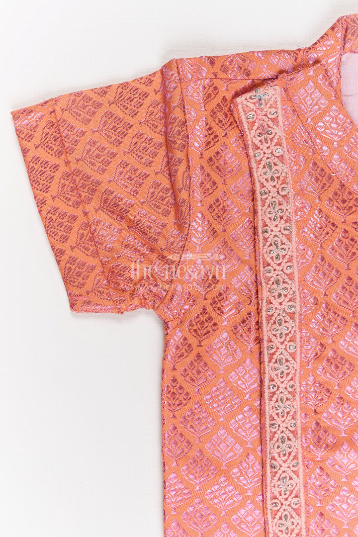 Boys Semi Banaras Silk Shirt Pink with Traditional Motif Weave and Ornamental Front Detailing