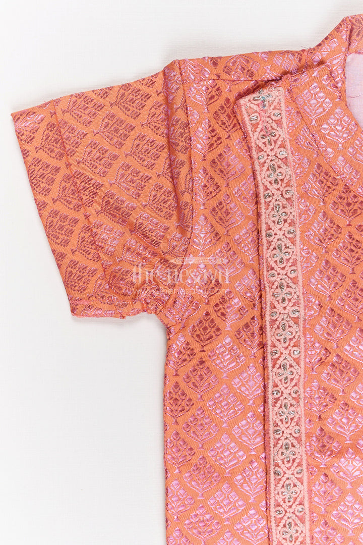 Boys Semi Banaras Silk Shirt Pink with Traditional Motif Weave and Ornamental Front Detailing