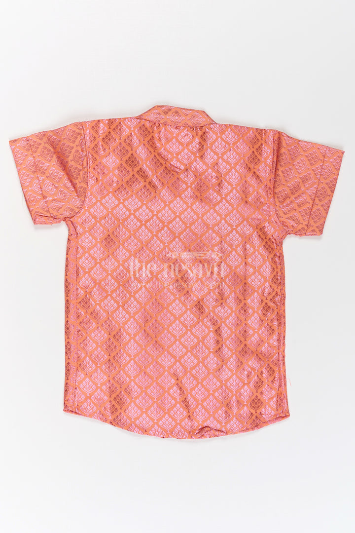 Boys Semi Banaras Silk Shirt Pink with Traditional Motif Weave and Ornamental Front Detailing