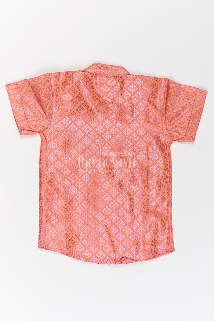Boys Semi Banaras Silk Shirt Pink with Traditional Motif Weave and Ornamental Front Detailing