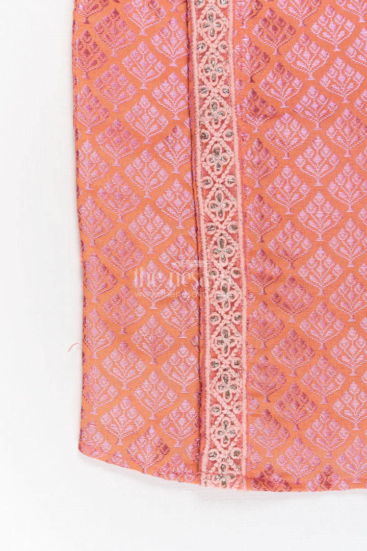 Boys Semi Banaras Silk Shirt Pink with Traditional Motif Weave and Ornamental Front Detailing