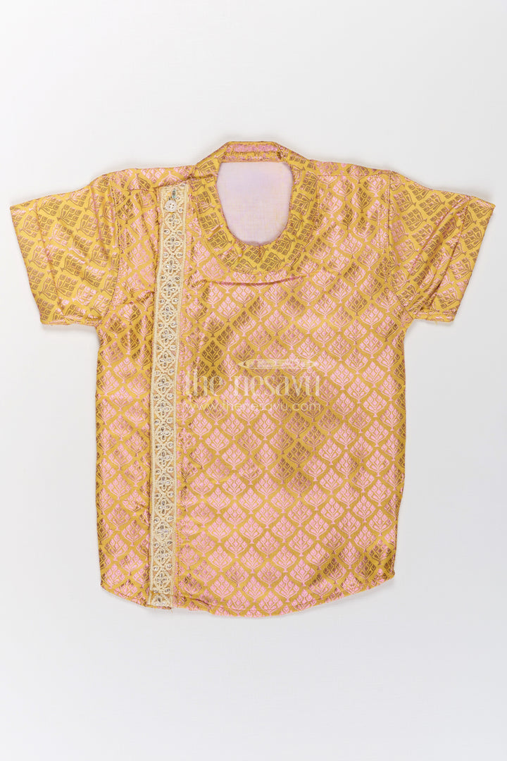Boys Yellow Silk Shirt in Semi Banaras Weave with Gold Accents and Ornate Side Panel Detail