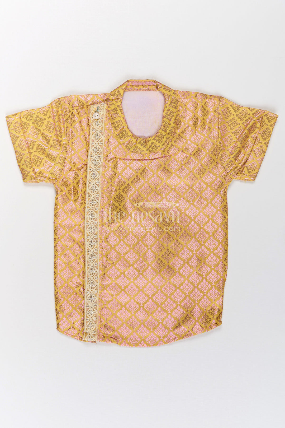 Boys Yellow Silk Shirt in Semi Banaras Weave with Gold Accents and Ornate Side Panel Detail