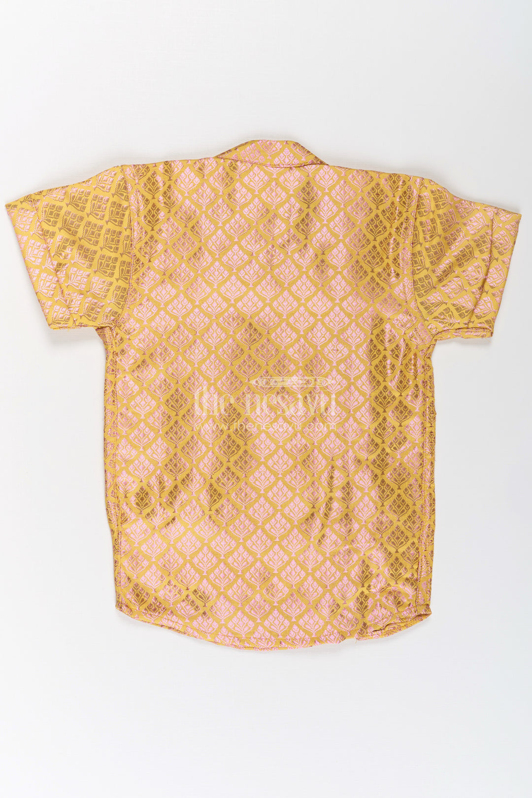 Boys Yellow Silk Shirt in Semi Banaras Weave with Gold Accents and Ornate Side Panel Detail
