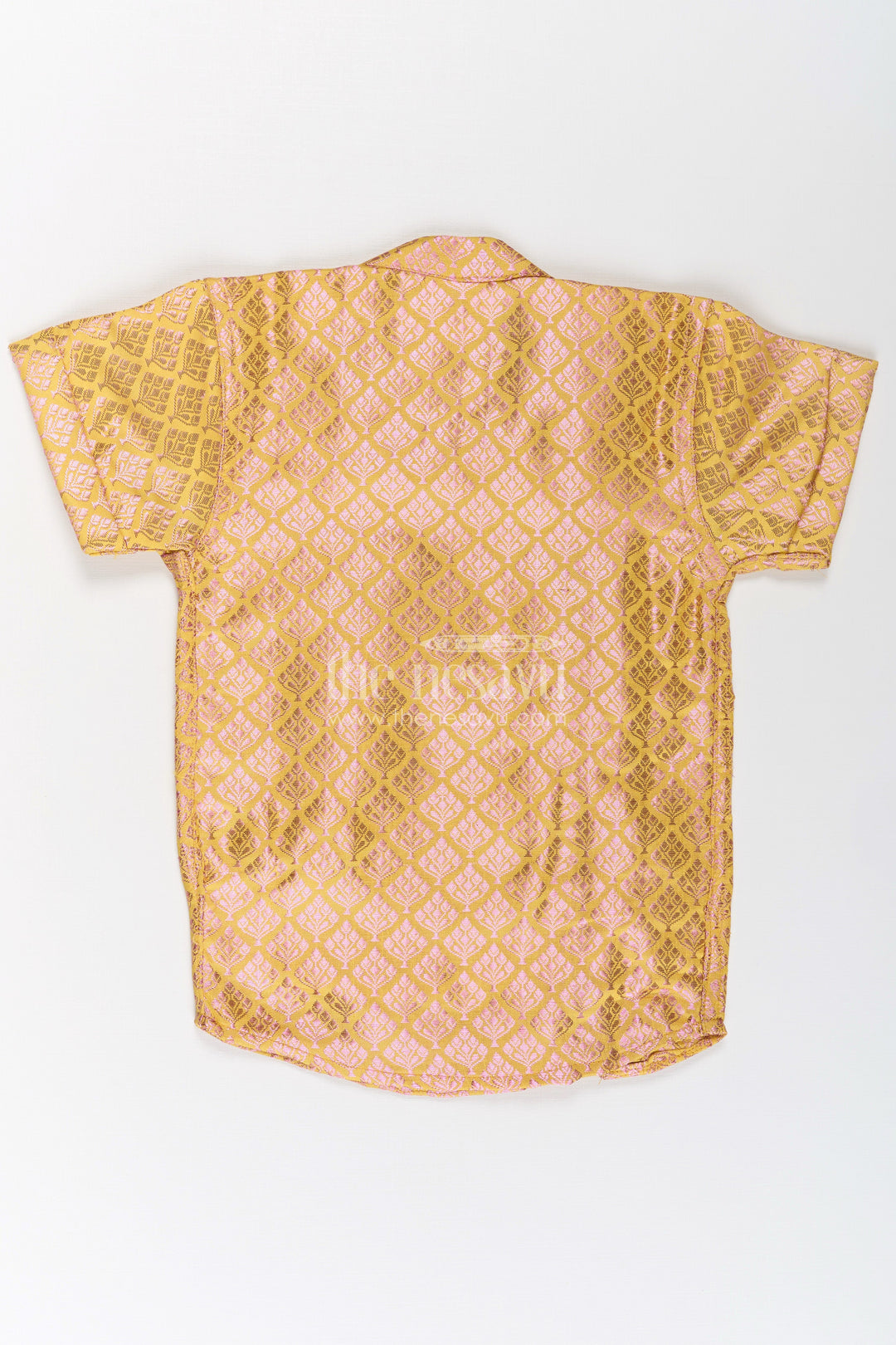 Boys Yellow Silk Shirt in Semi Banaras Weave with Gold Accents and Ornate Side Panel Detail