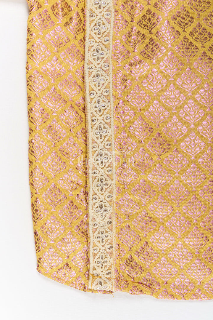 Boys Yellow Silk Shirt in Semi Banaras Weave with Gold Accents and Ornate Side Panel Detail