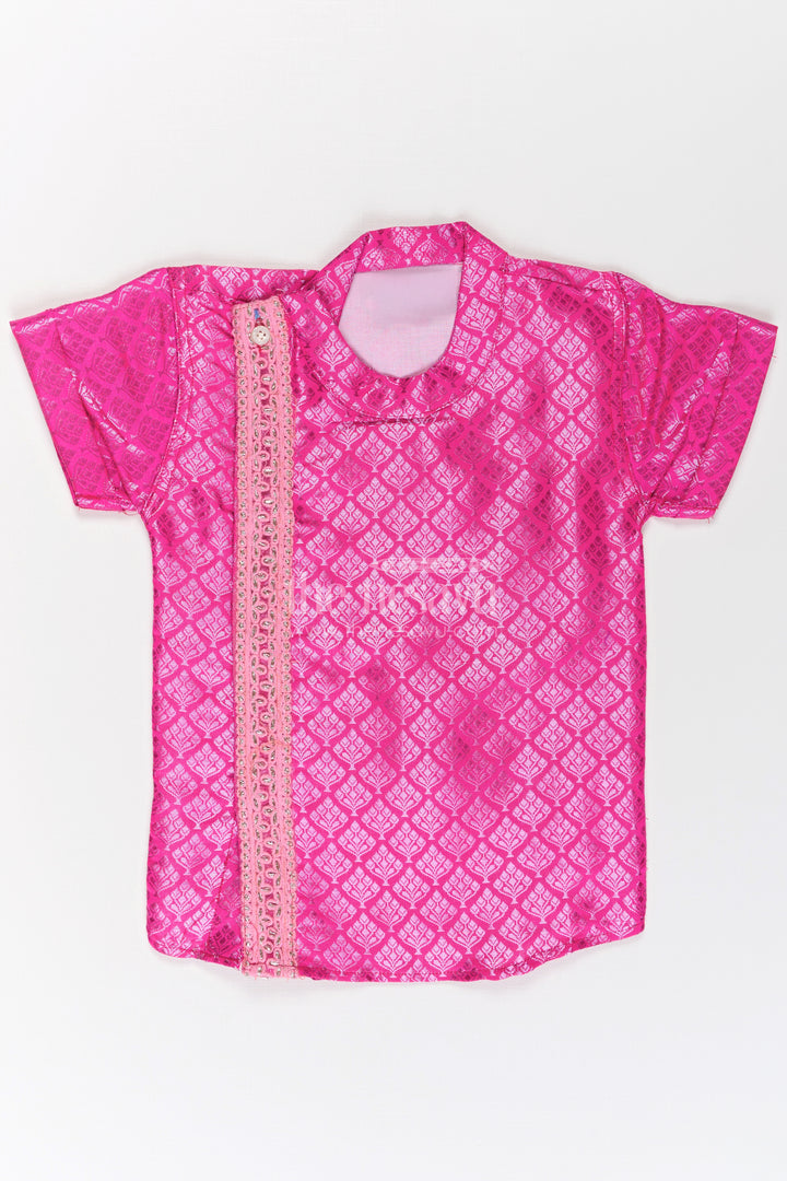 Boys Semi Banaras Pink Silk Shirt with Woven Motifs and Delicate Front Embroidered Trim