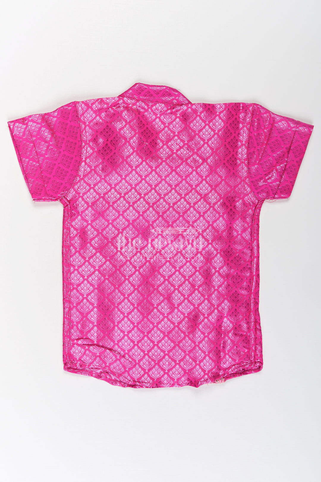 Boys Semi Banaras Pink Silk Shirt with Woven Motifs and Delicate Front Embroidered Trim