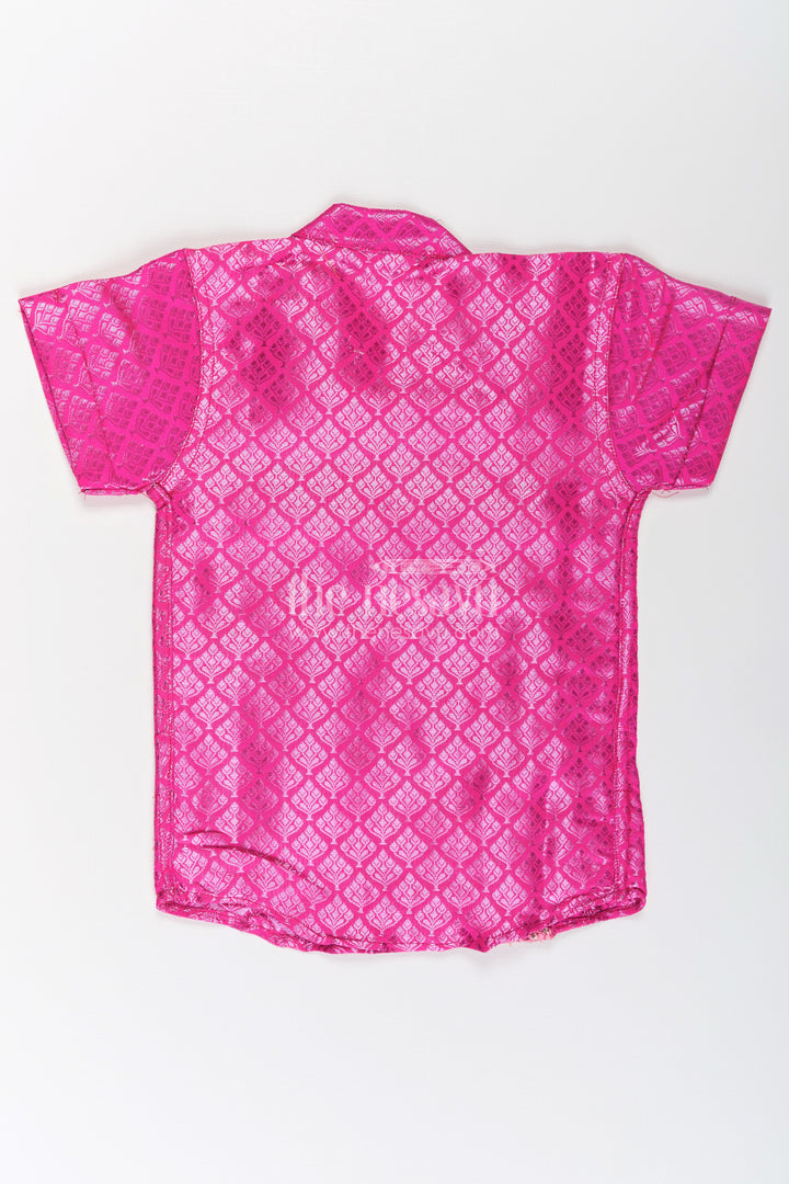 Boys Semi Banaras Pink Silk Shirt with Woven Motifs and Delicate Front Embroidered Trim