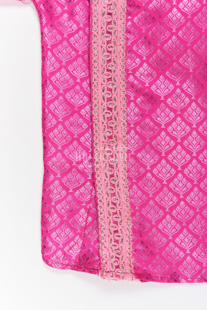 Boys Semi Banaras Pink Silk Shirt with Woven Motifs and Delicate Front Embroidered Trim