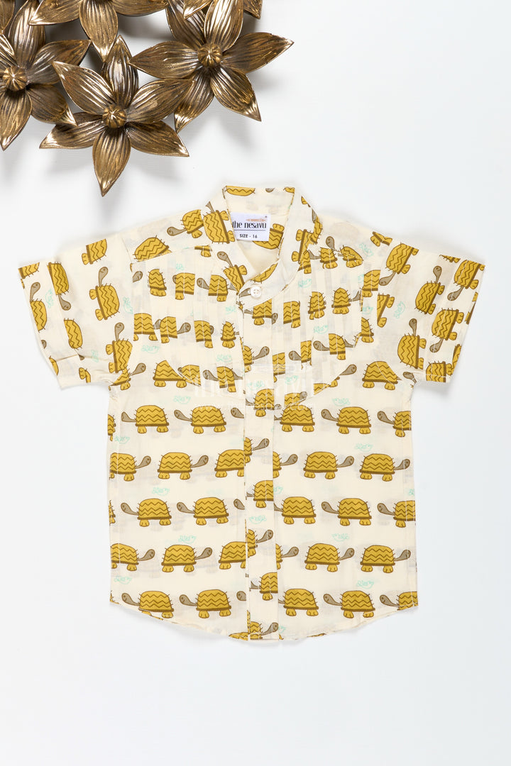 Boys Cotton Shirt With Mustard Turtle Print For Ethnic Gatherings