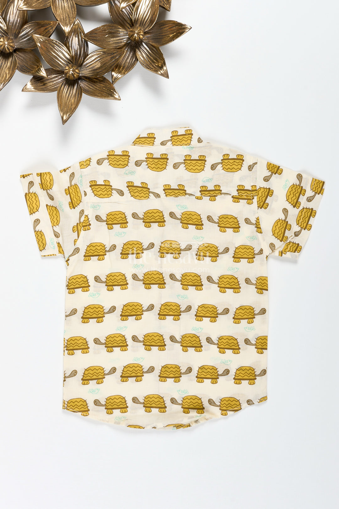 Boys Cotton Shirt With Mustard Turtle Print For Ethnic Gatherings