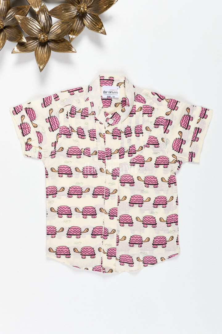 Boys Cotton Shirt With Maroon Turtle Print For Quirky Ethnic Style