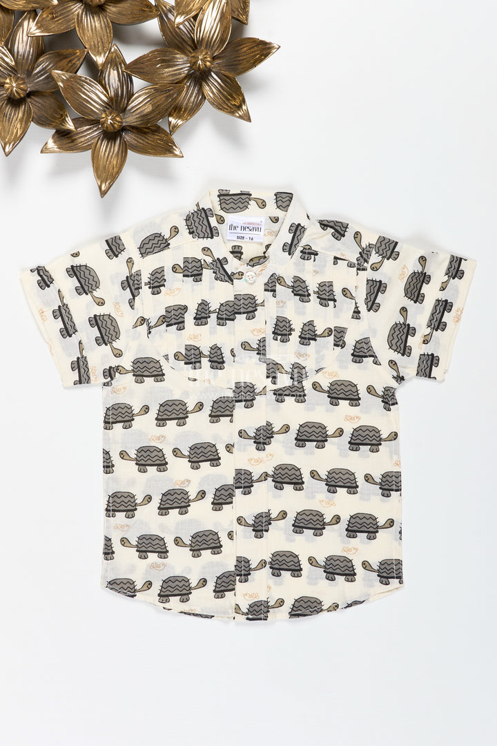 Boys Cotton Shirt With Navy Turtle Print For Festive And Casual Outings
