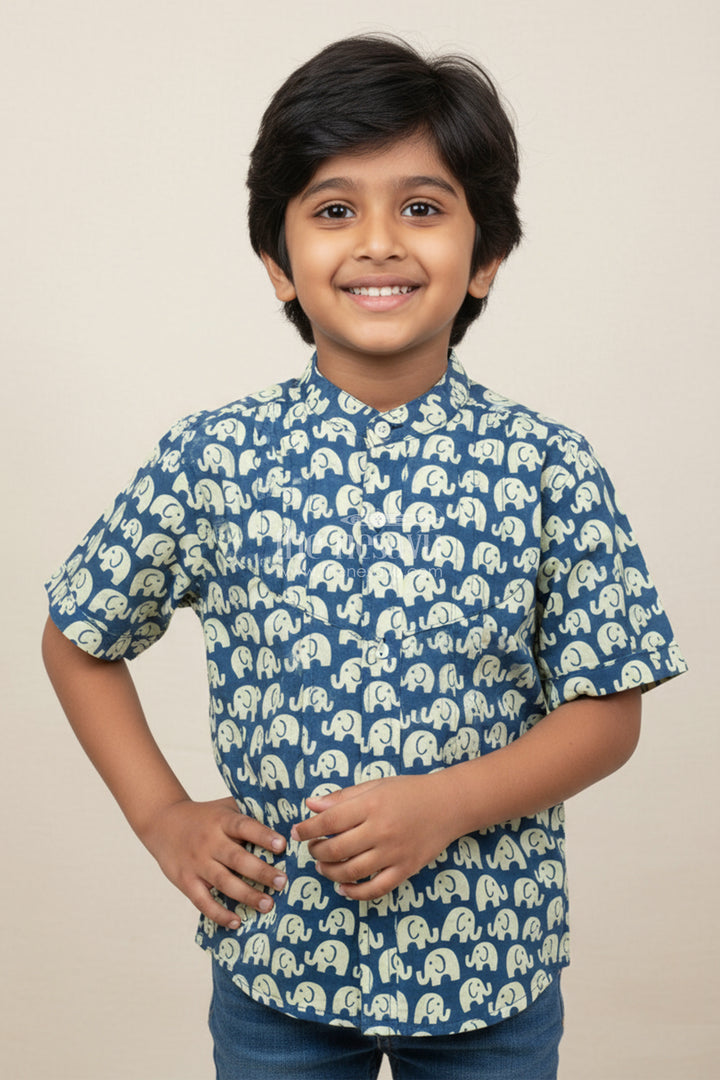 Boys Cotton Shirt with Elephant Block Print for Casual and Festive Wear