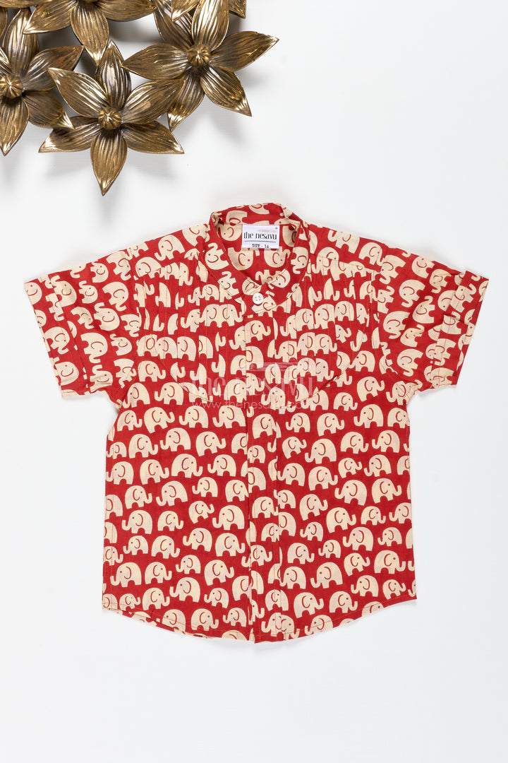 Boys Red Cotton Shirt With Elephant Block Print For Festive Occasions