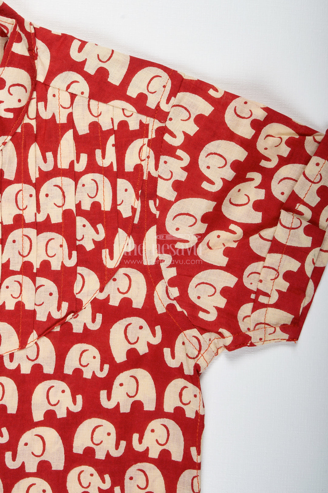 Boys Red Cotton Shirt With Elephant Block Print For Festive Occasions