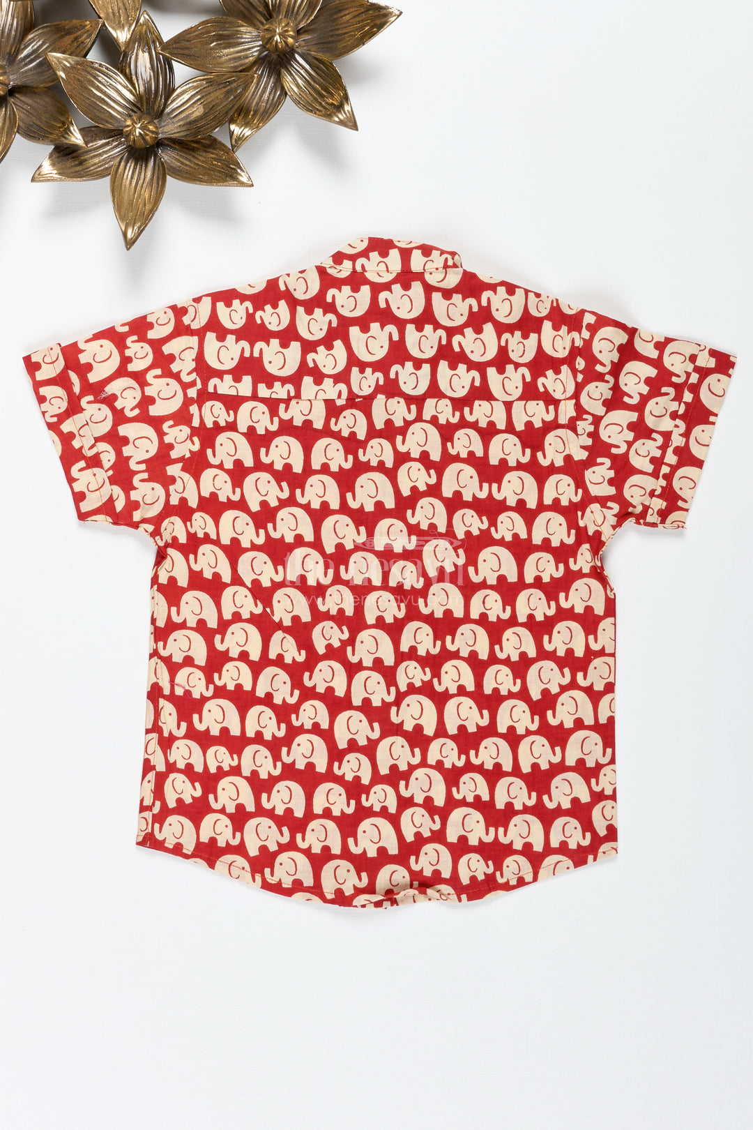 Boys Red Cotton Shirt With Elephant Block Print For Festive Occasions