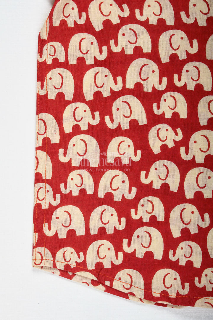 Boys Red Cotton Shirt With Elephant Block Print For Festive Occasions