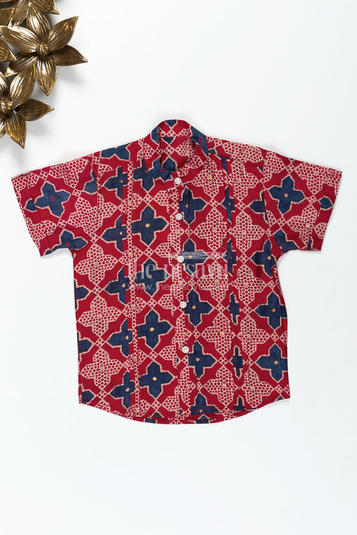 Boys Stylish Shirt for Wedding Functions in Bright Red with Geometric Digital Print on Soft Cotton