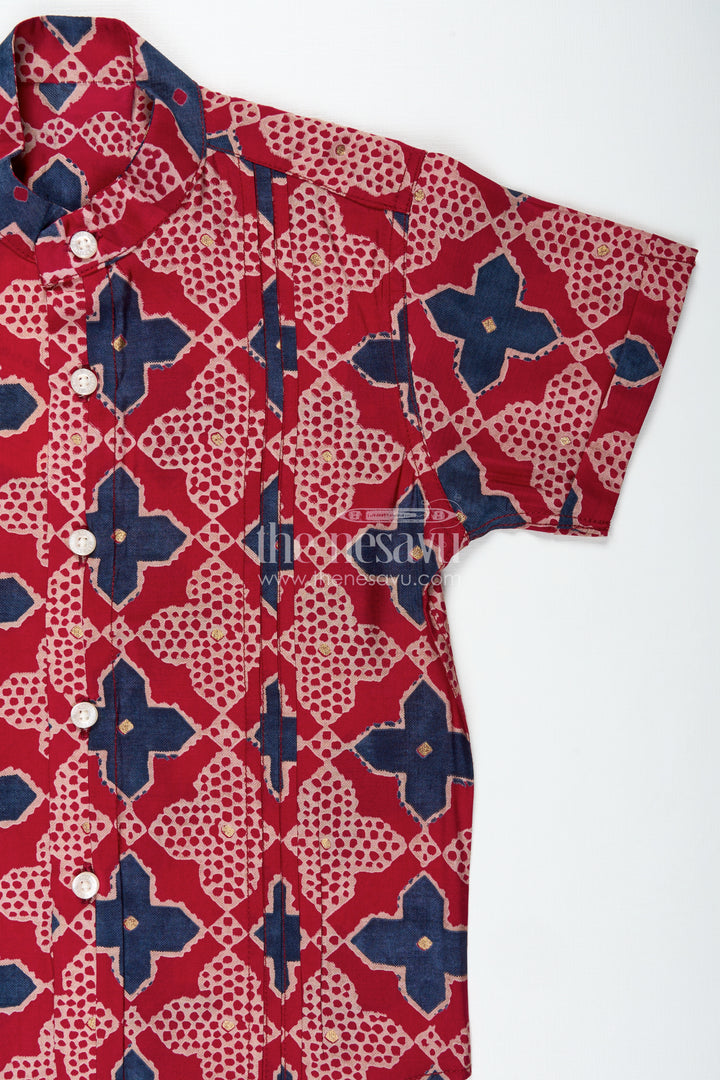 Boys Stylish Shirt for Wedding Functions in Bright Red with Geometric Digital Print on Soft Cotton