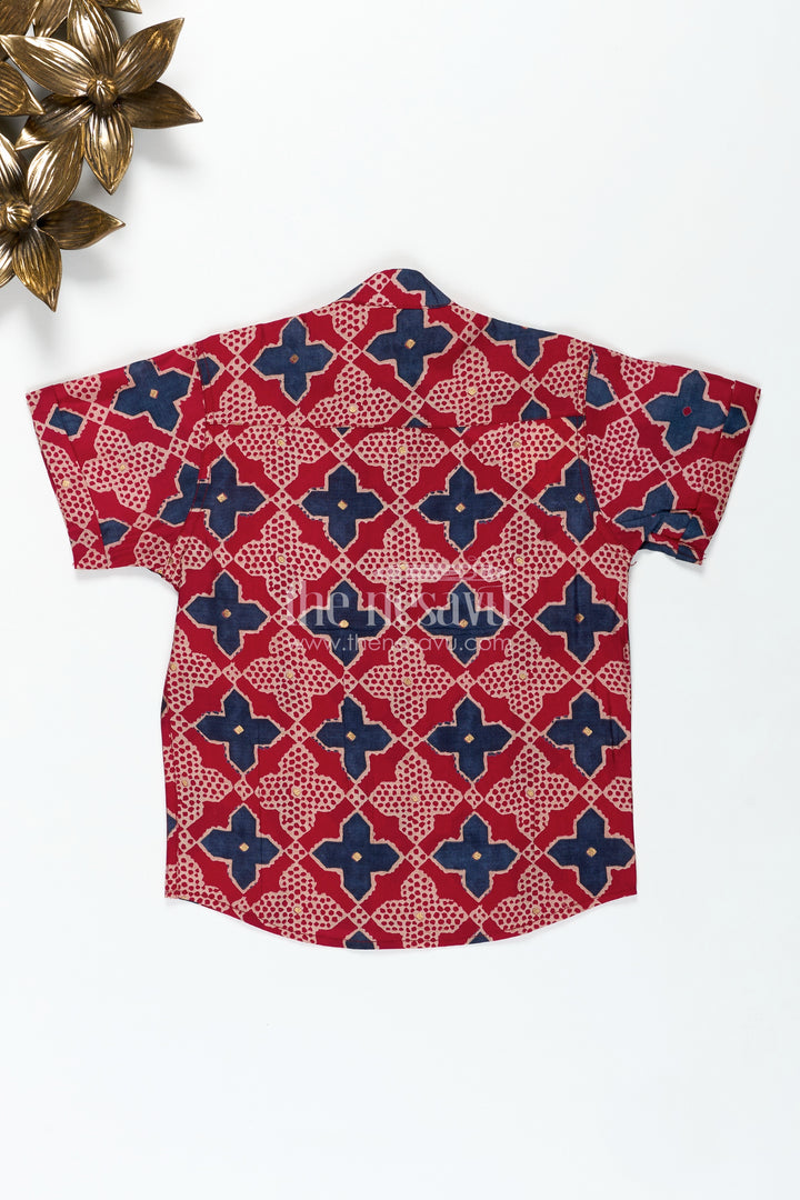 Boys Stylish Shirt for Wedding Functions in Bright Red with Geometric Digital Print on Soft Cotton