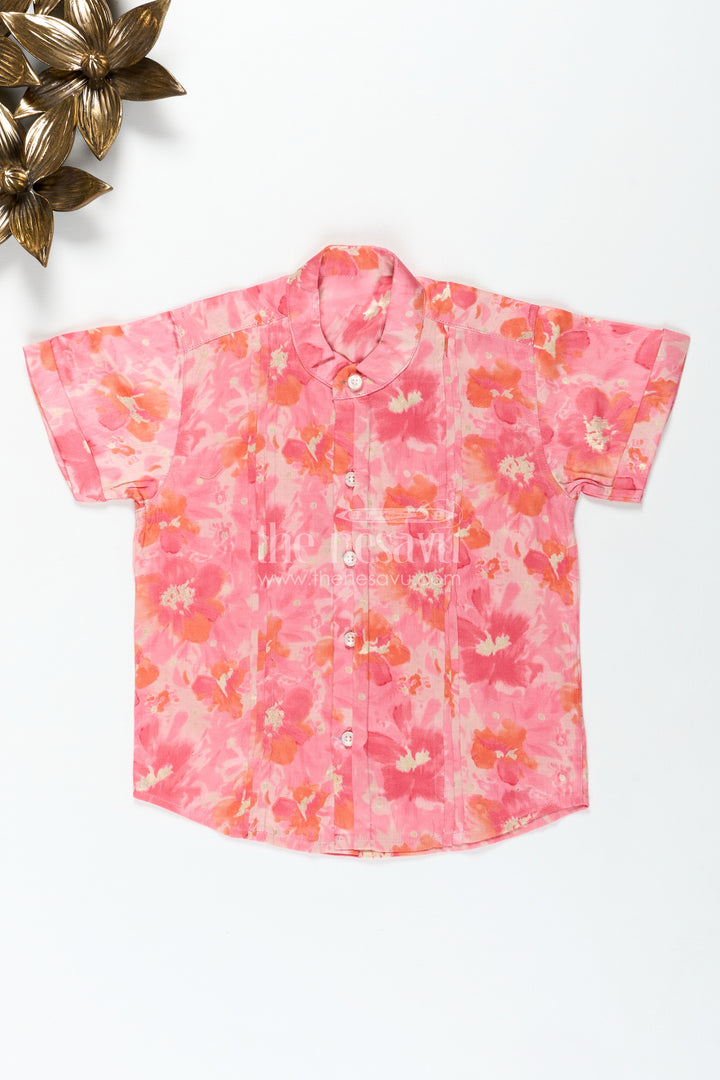 Summer Casual Cotton Shirt for Toddler Boys with Pink Watercolor Floral Print for Breezy Comfort