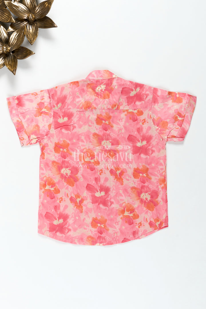 Summer Casual Cotton Shirt for Toddler Boys with Pink Watercolor Floral Print for Breezy Comfort