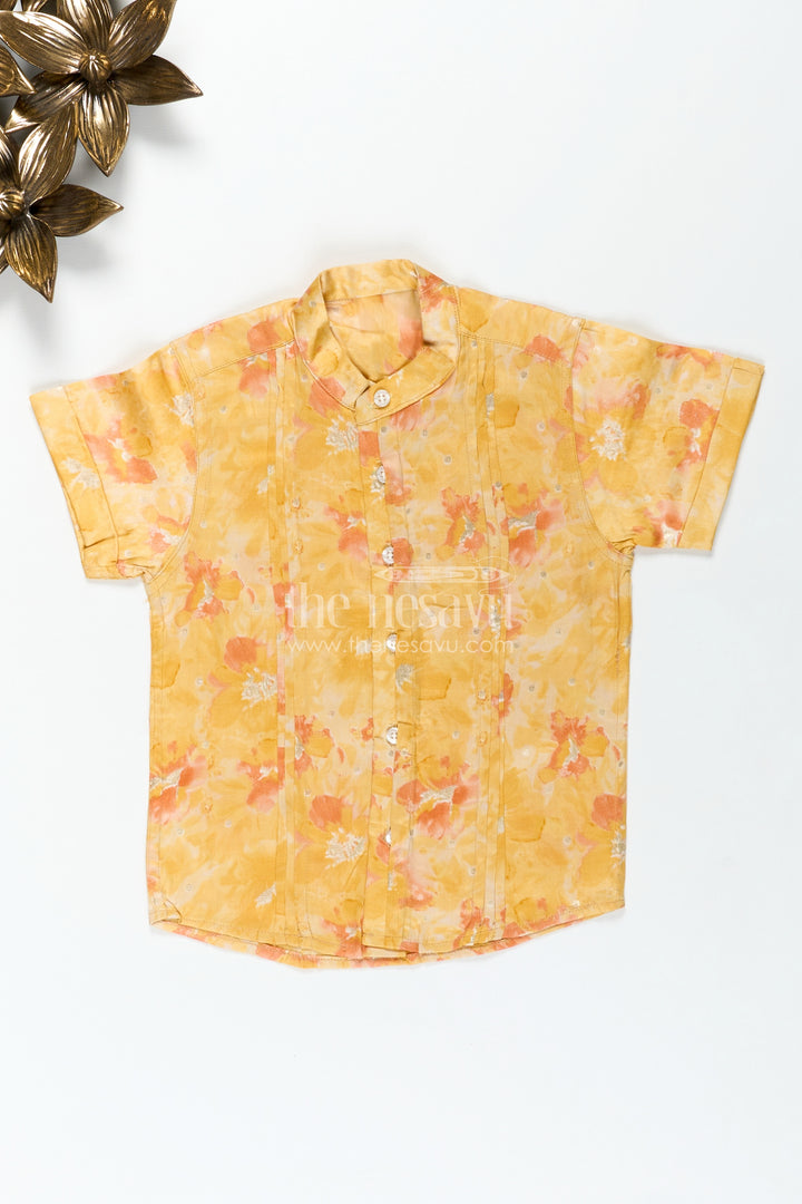 Printed Cotton Shirt for Kids in Yellow Moadal Silk with Artistic Digital Floral Pattern and Mandarin Collar