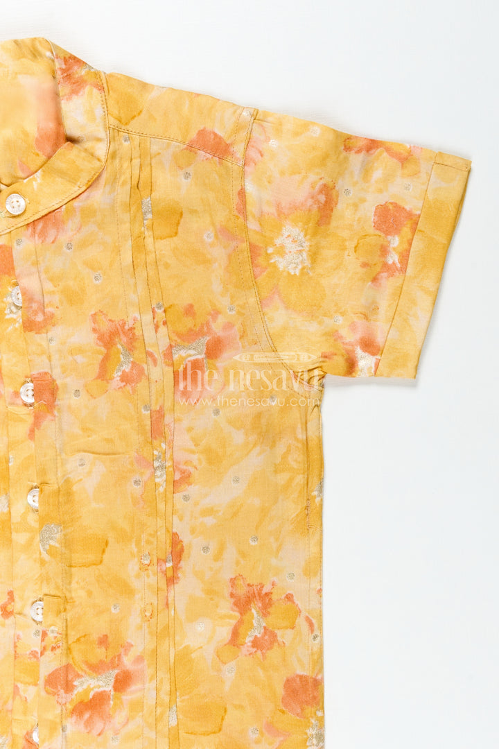 Printed Cotton Shirt for Kids in Yellow Moadal Silk with Artistic Digital Floral Pattern and Mandarin Collar