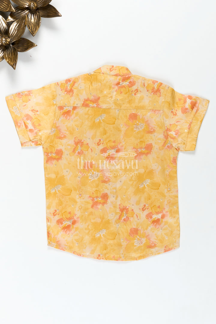 Printed Cotton Shirt for Kids in Yellow Moadal Silk with Artistic Digital Floral Pattern and Mandarin Collar