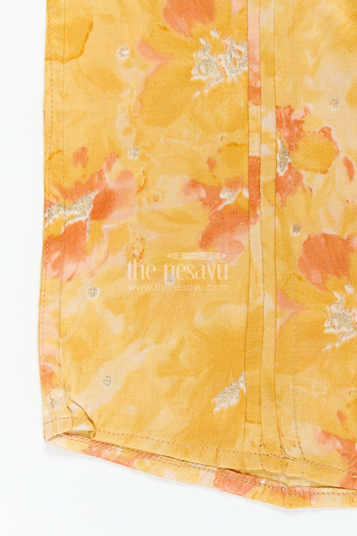 Printed Cotton Shirt for Kids in Yellow Moadal Silk with Artistic Digital Floral Pattern and Mandarin Collar