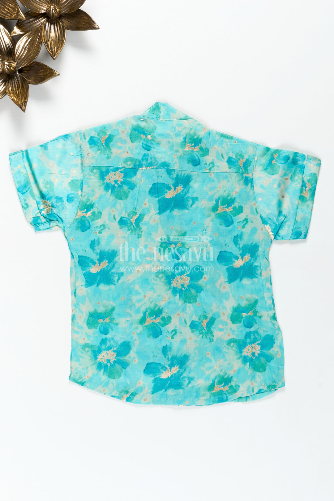 Green Cotton Shirt for Boys in Moadal Silk with Digital Watercolor Print and Soft Mandarin Collar
