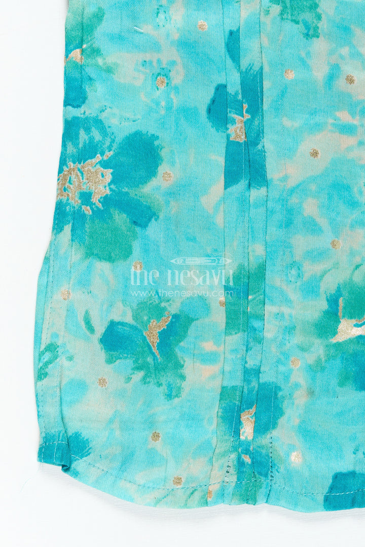 Green Cotton Shirt for Boys in Moadal Silk with Digital Watercolor Print and Soft Mandarin Collar