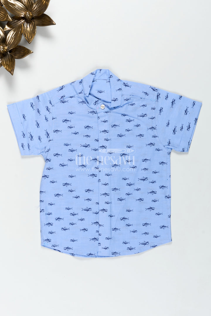 Boys Shirt for Daytime Outings and Functions in Blue Cotton with Navy Tribal Print Accents