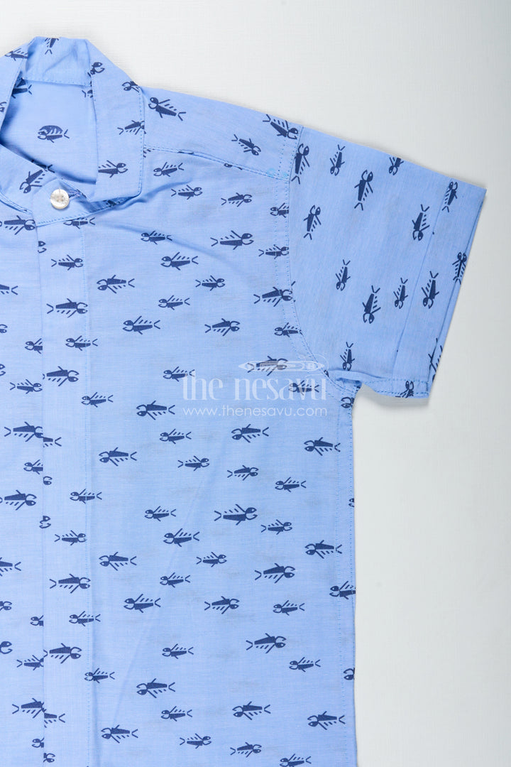 Boys Shirt for Daytime Outings and Functions in Blue Cotton with Navy Tribal Print Accents
