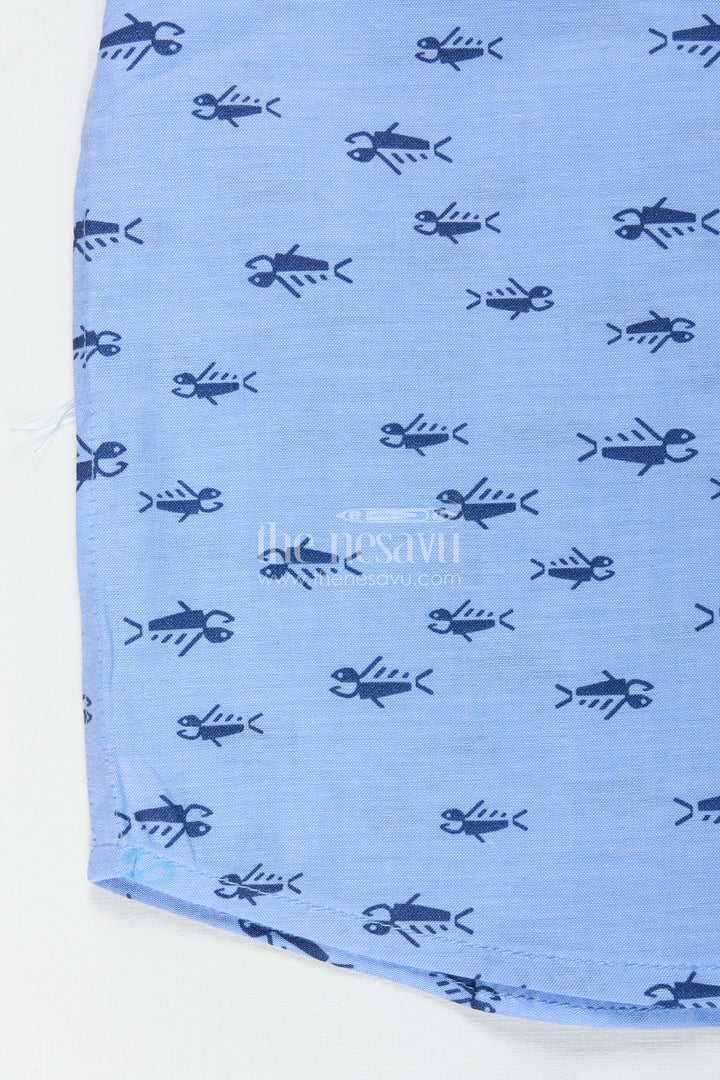 Boys Shirt for Daytime Outings and Functions in Blue Cotton with Navy Tribal Print Accents