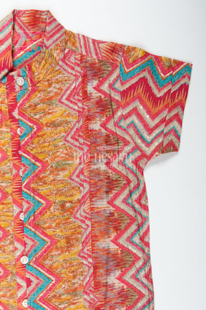 Boys Colorful Printed Cotton Shirt for Functions with Multicolor Zigzag Pattern in Smooth Modal Silk