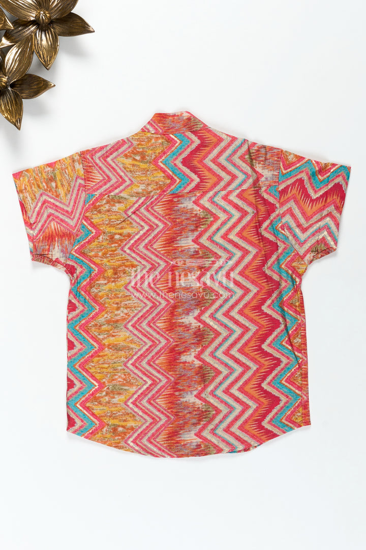 Boys Colorful Printed Cotton Shirt for Functions with Multicolor Zigzag Pattern in Smooth Modal Silk