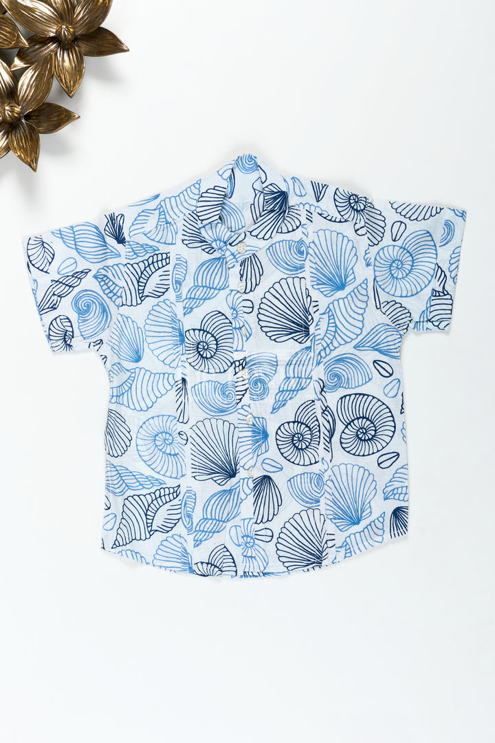 Toddler Boys Casual Shirt for Day Events with Blue Nautical Shell Print on Soft Cotton