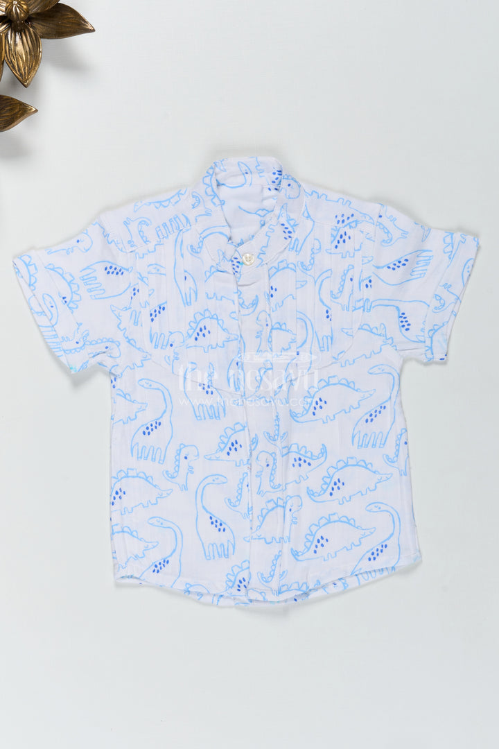 Blue Dino Print Boys Shirt In Muslin Cotton Playful And Smart Design