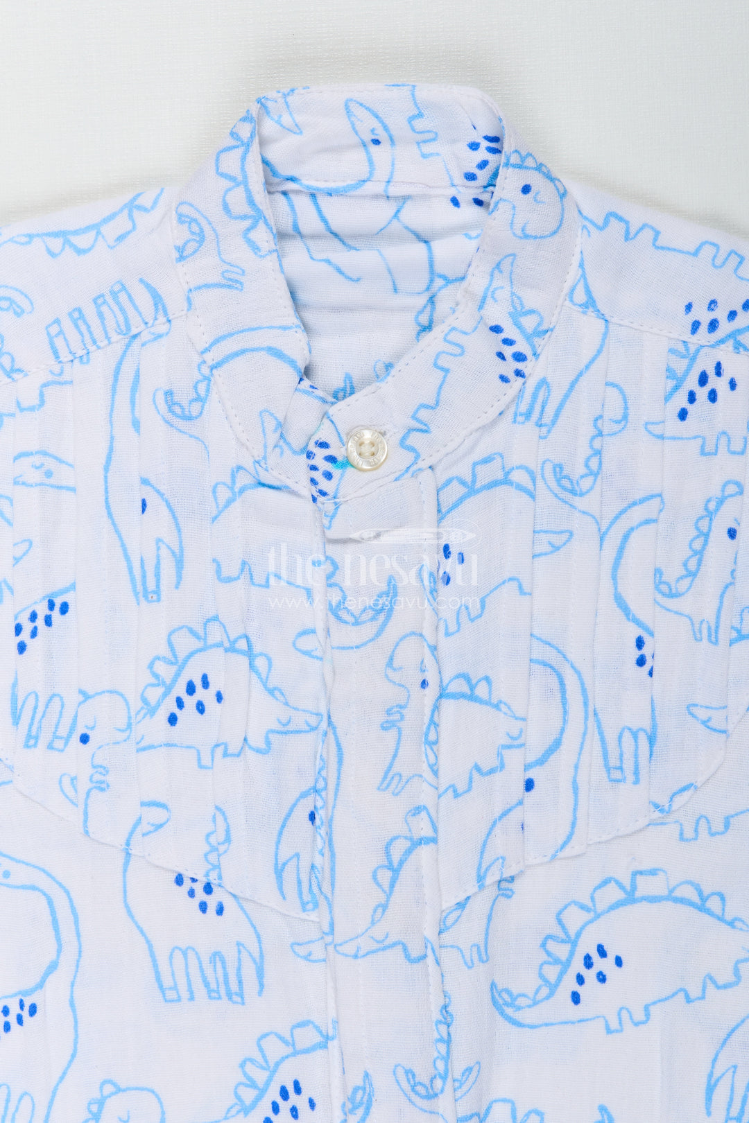 Blue Dino Print Boys Shirt In Muslin Cotton Playful And Smart Design