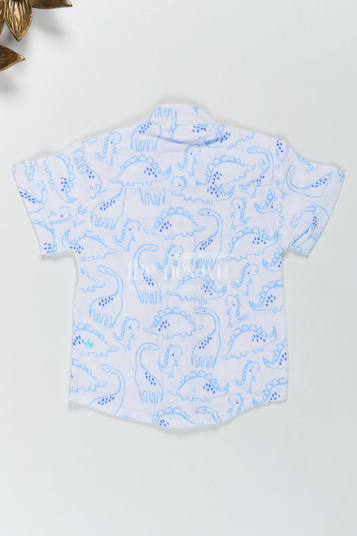 Blue Dino Print Boys Shirt In Muslin Cotton Playful And Smart Design